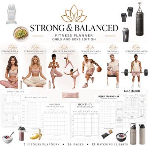 Puede incluir: Un conjunto de planificador de fitness digital titulado Strong & Balanced, que incluye 26 páginas de plantillas de entrenamiento diarias, semanales y mensuales. Incluye 13 imágenes prediseñadas de equipos de fitness, comida sana y personas.