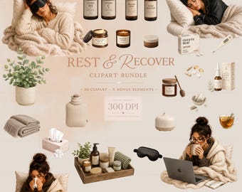 Rest Recover Clipart Bundle | Cozy Wellness PNG Elements (Digital Download)