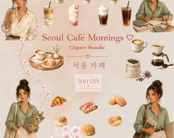Seoul Café Mornings Clipart Bundle | Korean Café PNG | Coffee & Matcha Clipart | Planner Journal Elements