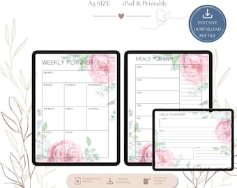 Minimal Floral Digital Planner Bundle A5 | Daily, Weekly, Meal, Routine Printable (Digital Download)