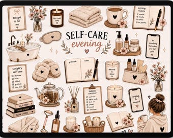 Cozy Self-Care Evening Digital Stickers | Sunday Reset Planner PNG (Digital Download)