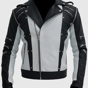 Giacca in pelle MJ fatta a mano / Autentico cappotto da motociclista bianco e nero con cerniere multiple / Abbigliamento tributo agli anni '80 ispirato a Michael Jackson / Vestibilità unisex