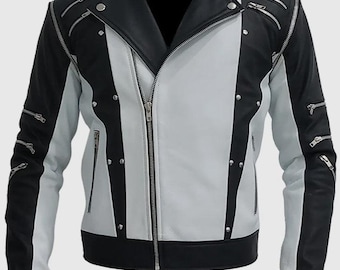 Handmade MJ Leather Jacket | Genuine Black & White Multi-Zipper Biker Coat | MJ Inspired 80s Tribute Wear | Unisex Fit