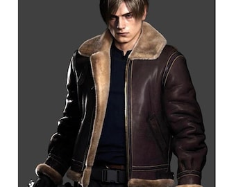 Leon Kennedy RE4 Remake Jacket | Genuine Sheepskin Shearling Biker Coat