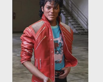 Chaqueta MJ Beat It hecha a mano / Motociclista de cuero rojo auténtico / Abrigo con múltiples cremalleras inspirado en Michael Jackson / Disfraz icónico de videoclip de los 80 / Unisex