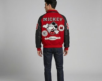 MJ Mickey Mouse Varsity Jacket – MJ Red  Black Letterman Bomber – Handmade Wool & Real Leather