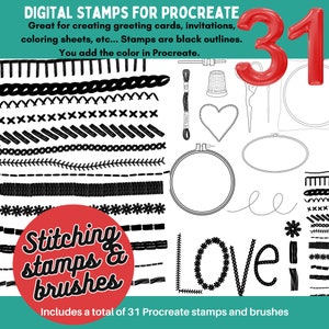 31 Stitching Embroidery Doodles Artwork Outlines Procreate Stamps Brushes Digital Art Card Making Coloring Pages Digital Stamping