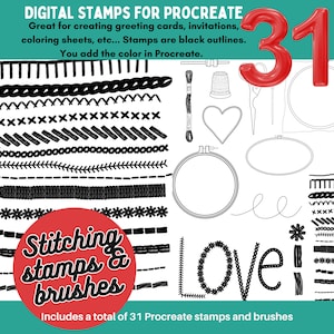 May include: A set of 31 digital stamps and brushes for Procreate, featuring stitching designs, including hearts, hoops, and the word "Love".