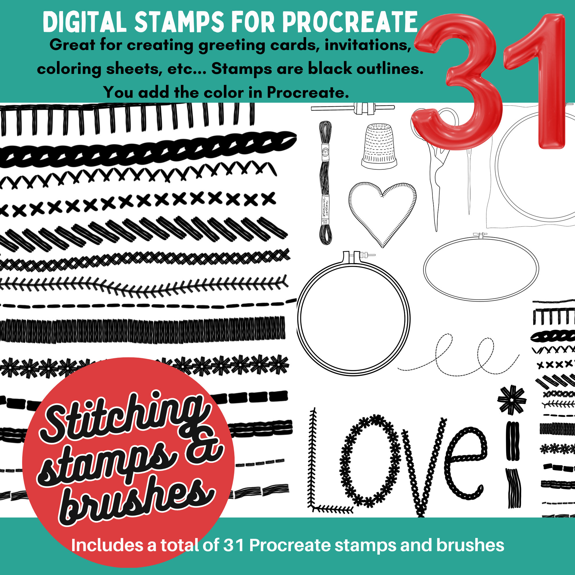 31 Stitching Embroidery Doodle Outlines Procreate Stamps Brushes for Digital Art, Coloring Pages & Card Making