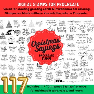 117 Sellos Procreate - Saludos y refranes navideños -fabricación de tarjetas - diseño digital - creación gráfica - páginas para colorear - etiqueta de tarjetas navideñas