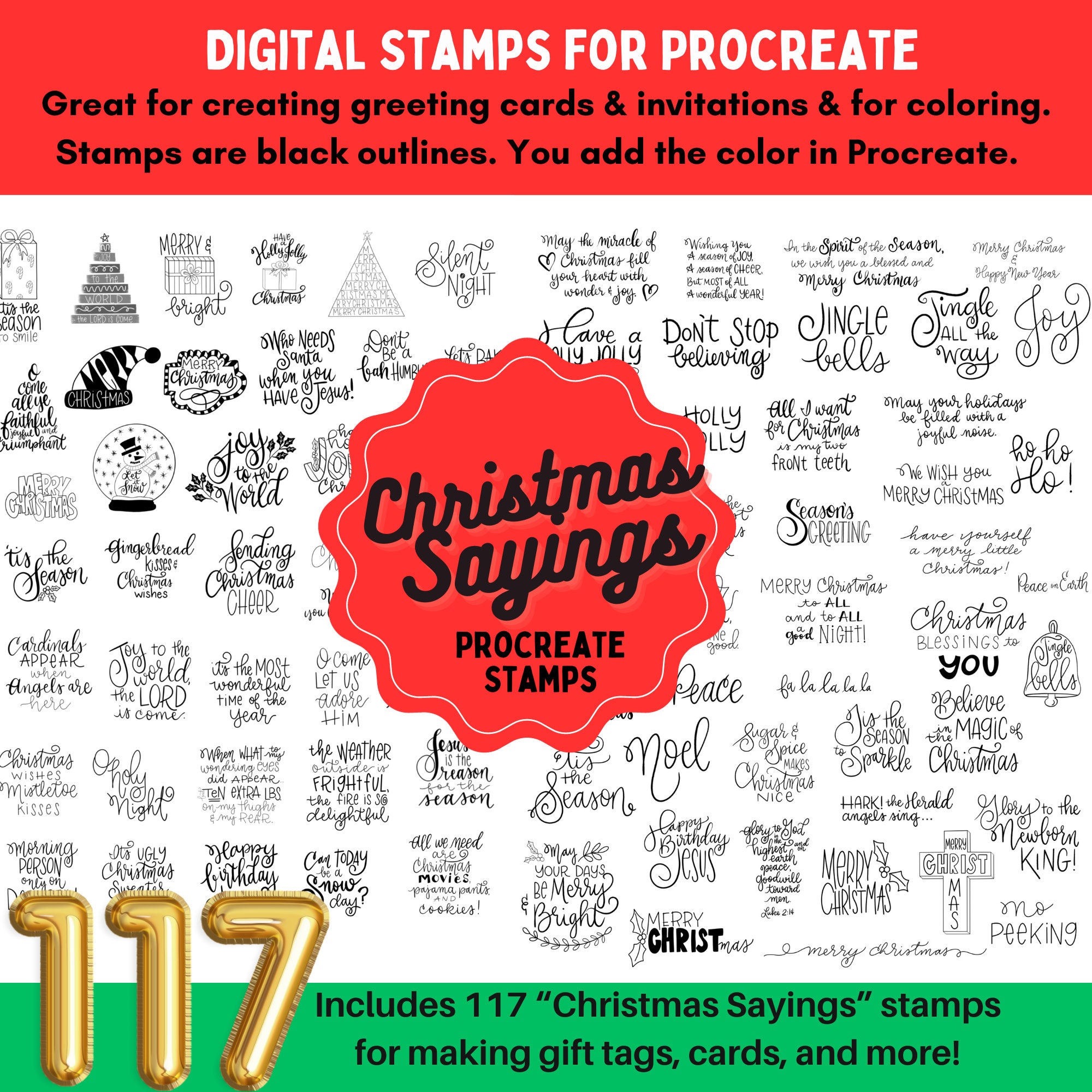 117 sellos de Navidad para Procreate — Felicitaciones y frases para tarjetas, etiquetas y colorear