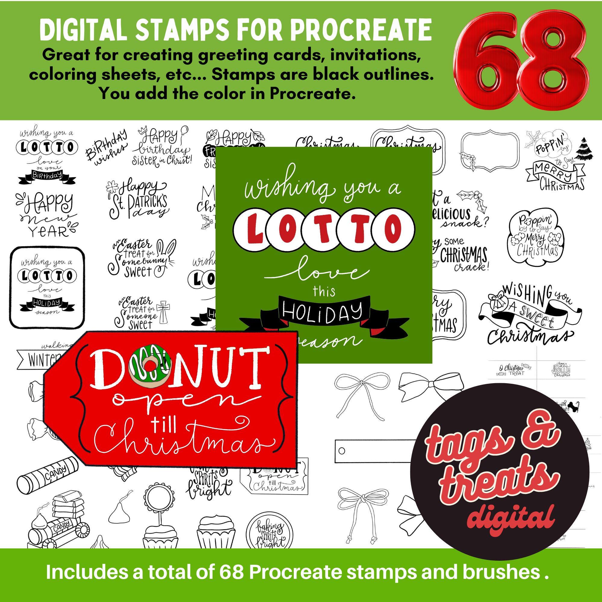 68 Tags & Treats Procreate Stamps — Christmas Gift Tag Outlines, Doodles & Brush Set for iPad