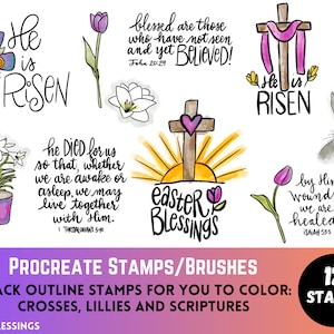 May include: A set of 12 black outline Easter stamps for Procreate. The stamps feature crosses, lilies, and scripture verses. The stamps are designed to be colored in.