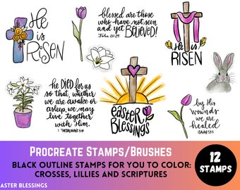 Easter Blessings Procreate Stamps Brushes Bible Verses Scriptures Crosses Cross Lily Lillies bunny He is Risen tulips