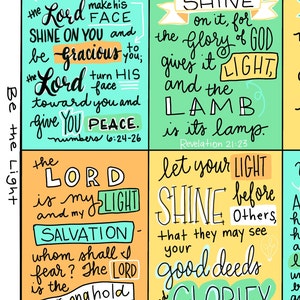 May include: A colorful illustration with four squares, each containing a Bible verse about light and peace. The verses are: "The Lord bless you and keep you; make his face shine on you and be gracious to you; turn his face toward you and give you peace." (Numbers 6:24-26), "The Lord is my light and my salvation - whom shall I fear? The Lord is the stronghold of my life - of whom shall I be afraid?" (Psalm 27:1), "The city does not need the sun or moon to shine on it, for the glory of God gives it light, and the Lamb is its lamp." (Revelation 21:23), and "Let your light shine before others, that they may see your good deeds and glorify your Father in heaven." (Matthew 5:16).