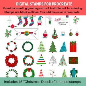 45 Christmas Doodles Artwork Outlines Procreate Stamps Brushes Digital Art Card Making Coloring Pages