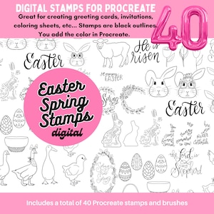 May include: A set of 40 digital stamps and brushes for Procreate, featuring an Easter theme. The stamps include images of bunnies, chicks, eggs, and other spring-themed designs. The text "Easter Spring Stamps digital" is displayed in a pink circle.