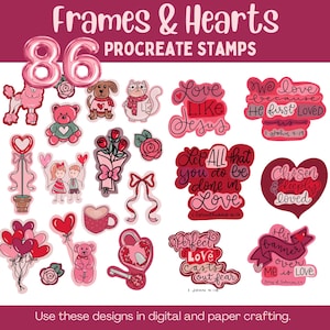 以下が含まれることがあります： バレンタインデーをテーマにした86個のProcreateスタンプのコレクション。デザインには、ハート、花、テディベア、「Love Like Jesus」や「Perfect Love casts out fear」などのフレーズが含まれています。スタンプはデジタルおよびペーパークラフト用です。
