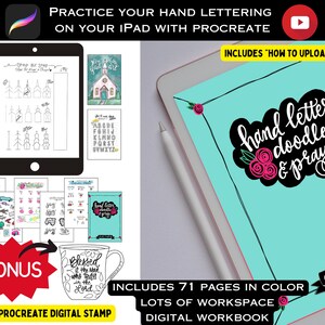 Op de afbeelding: Een digitaal werkboek om handlettering en tekenen te oefenen op een iPad met Procreate. De omslag heeft een turquoise achtergrond met zwarte tekst die "hand letter doodle & pray" zegt met roze rozen. Het werkboek bevat 71 pagina's in kleur en een gratis Procreate-stempel.