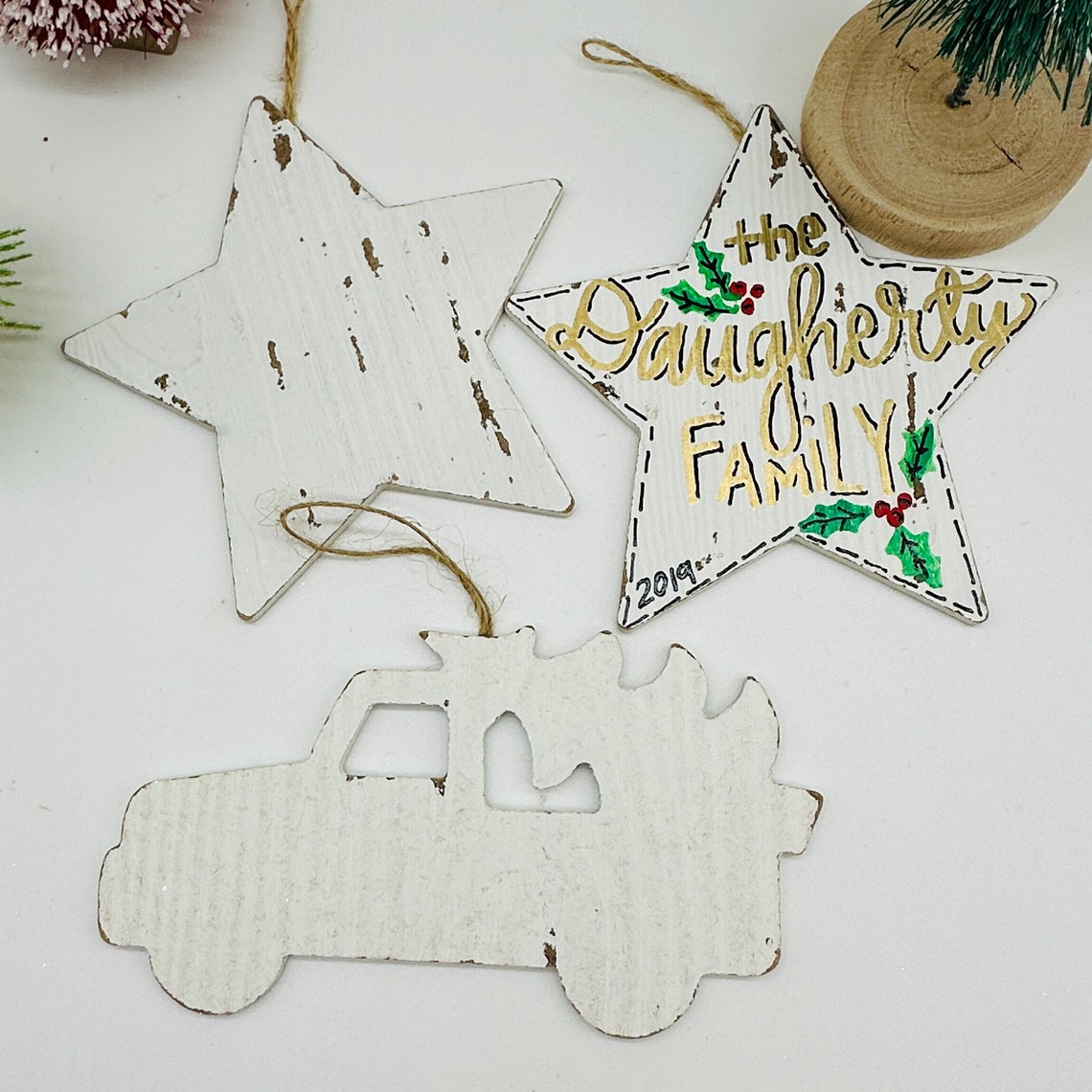 Wooden star & white farmhouse truck Christmas Ornaments image 1