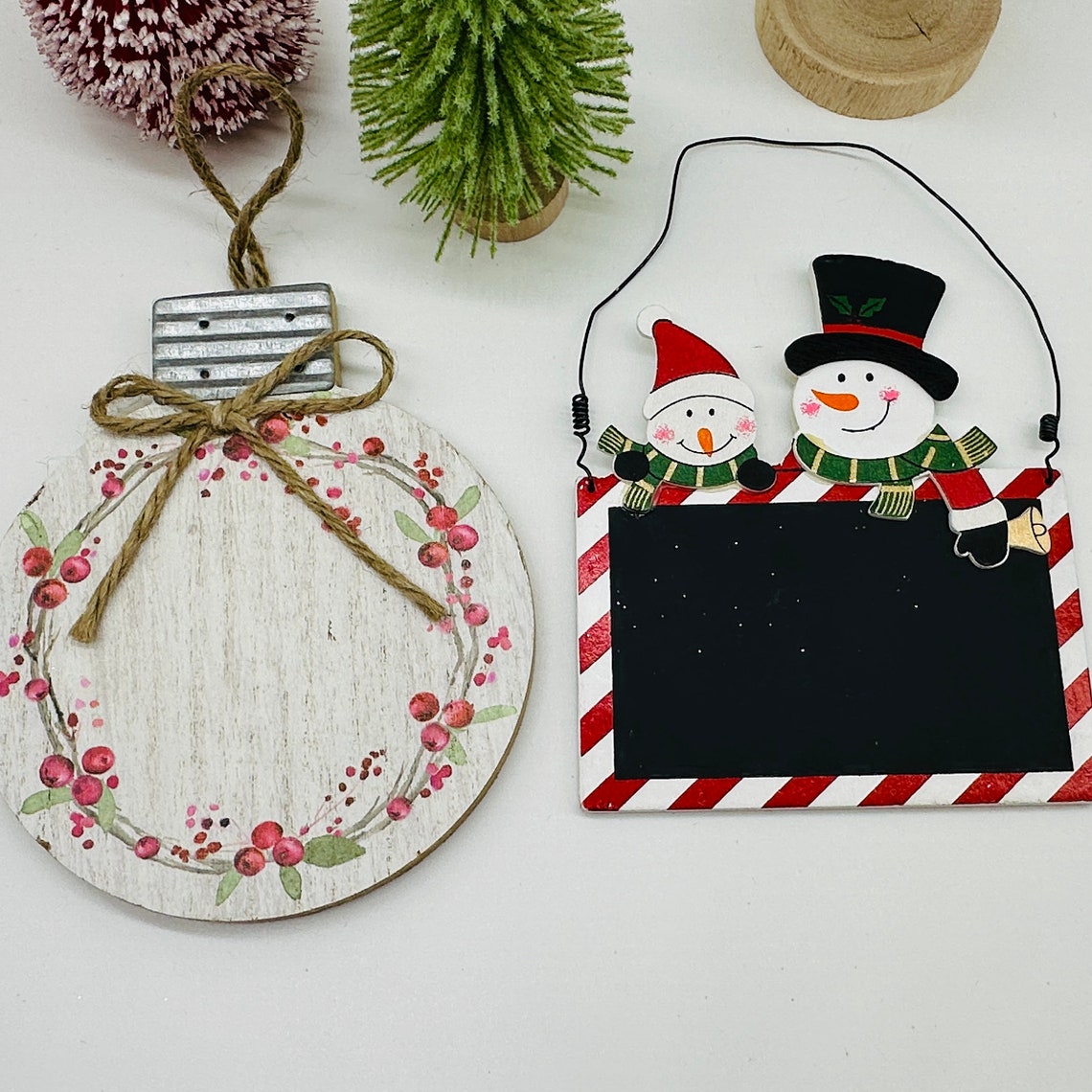 Snowman Chalkboard and Round Wooden large Christmas Ornaments image 1