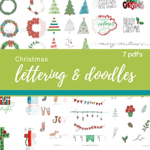 May include: A digital download of 7 printable PDF files with Christmas themed lettering and doodles. The images include wreaths, Christmas trees, reindeer, ornaments, and the words "Merry Christmas" and "Tis the Season to Smile".