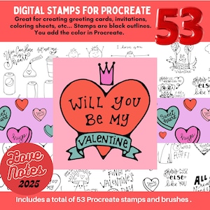 53 Liebesnotizen 2025 Doodles Valentinstag Grafik Umrisse Procreate Briefmarken Pinsel Digital Art Kartenherstellung Malvorlagen Digitales Stempeln