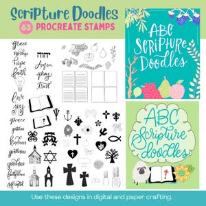 May include: A collection of black and white Scripture doodles, including words like "grace" and "faith", along with religious symbols, fruits, and floral elements. The image also features the text "Scripture Doodles" and "63 Procreate Stamps".
