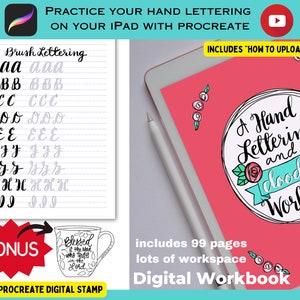 Op de afbeelding: Een digitaal werkboek om handlettering en tekenen te oefenen op een iPad. De omslag heeft een roze achtergrond met een cirkel met de tekst "A Hand Lettering and Doodle Workbook". Het werkboek bevat 99 pagina's en een gratis Procreate-stempel.