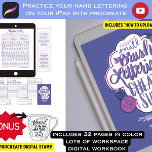 Op de afbeelding: Een digitaal werkboek om te oefenen met penseelletteren op een iPad. Het werkboek bevat 32 pagina's met spiekbriefjes en oefeningen. De omslag heeft een paars en roze ontwerp met de tekst "Faith-based small brush lettering cheat sheets". Een gratis digitale Procreate-stempel is ook inbegrepen.