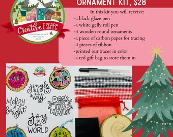 Creative Escape Christmas Ornament Supply Kit - Supplies ONLY 4 ornaments 2 pens ribbons carbon paper & template