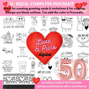 50 Valentine Liebe und Wortspiele Doodles Kunstwerk Umrisse Procreate Stempel Pinsel Digitale Kunst Kartenherstellung Ausmalseiten Digitales Stempeln