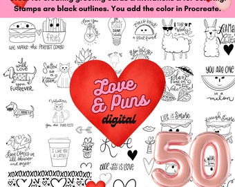 50 Valentine Love and Puns Doodles Artwork Outlines Procreate Stamps Brushes Digital Art Card Making Coloring Pages Digital Stamping