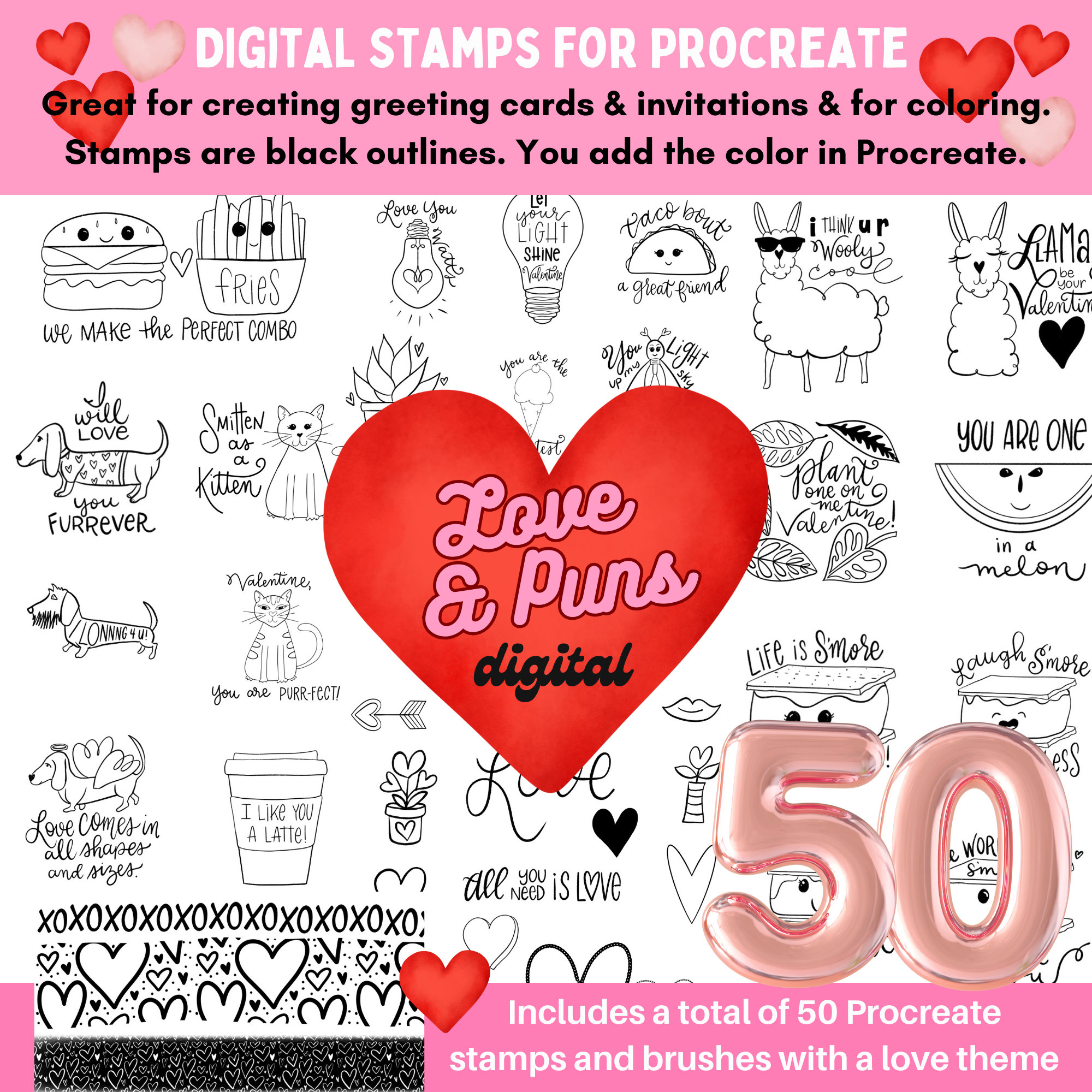 50 Valentine Love & Pun Doodle Procreate Stamp Brushes – Outline Stamps for Cards, Coloring & Digital Scrapbooking
