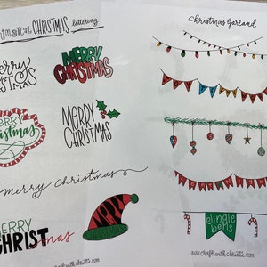 May include: Printable Christmas garland and lettering designs. The designs include a variety of festive phrases like "Merry Christmas" and "Jingle Bells".