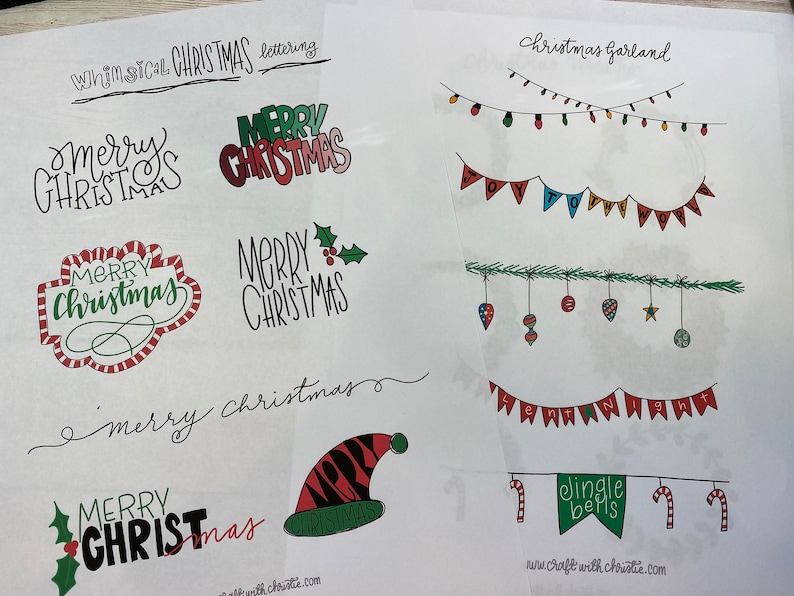 May include: Printable Christmas garland and lettering designs. The designs include a variety of festive phrases like "Merry Christmas" and "Jingle Bells".