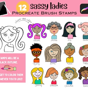 Sassy Girl Procreate Stempelpinsel - schwarze Umriss Cartoon Mädchen Lady Doodle Sketch - entwerfen Sie Ihr eigenes Profilportrait alle Hauttypen