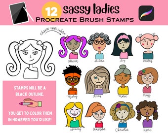 Sassy Girl Procreate Stamp Brushes - black outline cartoon girl lady doodle sketch - design your own profile portrait all skin types