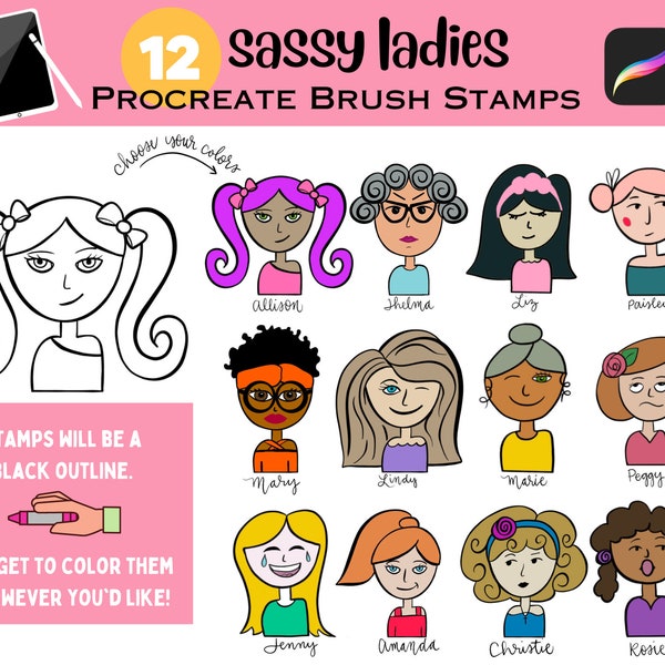 Sassy Girl Procreate Stamp Brushes - black outline cartoon girl lady doodle sketch - design your own profile portrait all skin types