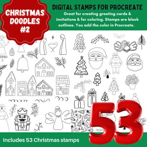 Puede incluir: Un conjunto de 53 sellos de doodle navideños en blanco y negro para Procreate. Los sellos incluyen imágenes de ángeles, campanas, casas, árboles, Papá Noel y otros símbolos navideños. El texto "Christmas Doodles #2" y "Includes 53 Christmas stamps" también está incluido en la imagen.