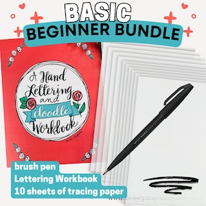 May include: A beginner's lettering and doodling bundle with a red workbook titled "A Hand Lettering and Doodle Workbook", a black brush pen, and 10 sheets of tracing paper.