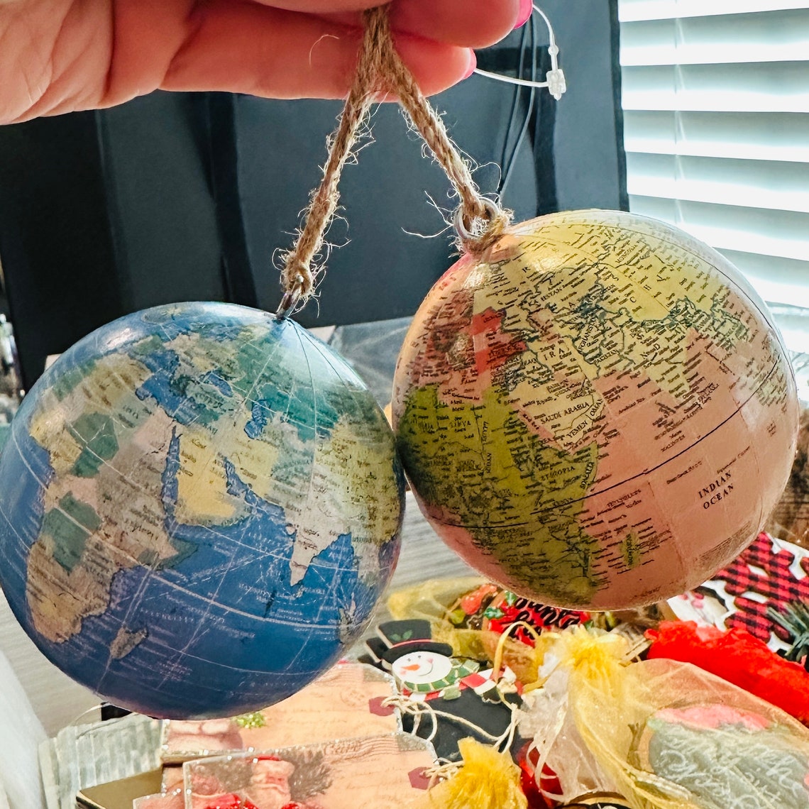 World Globe Christmas Ornaments with Twine Personalized or image 1