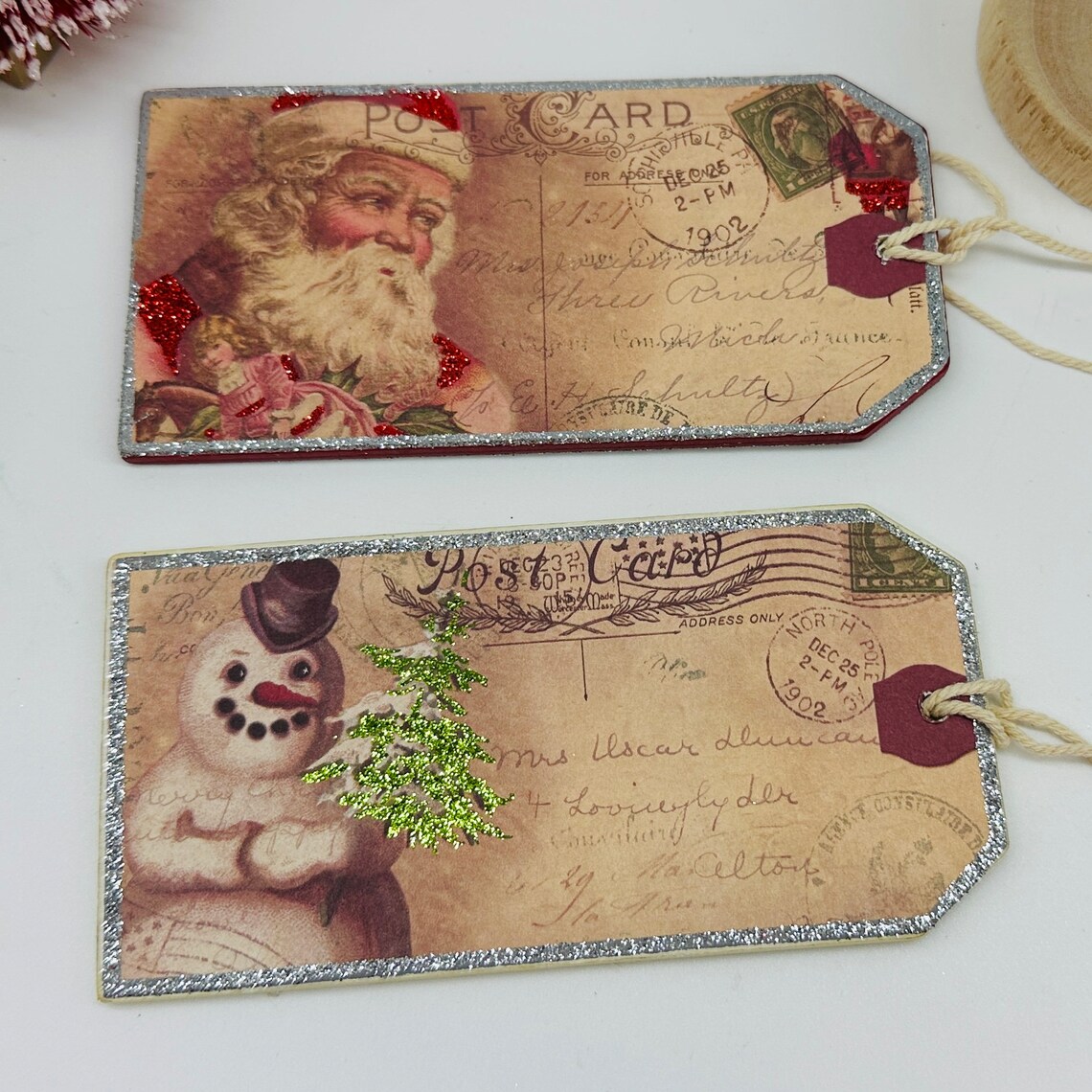 Glitter Santa Snowman Christmas Tag Ornaments with Twine image 1
