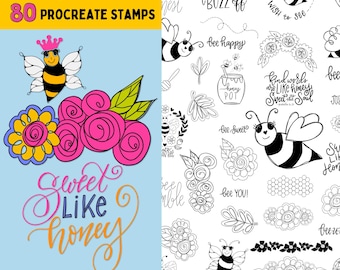 Biene und Blume Procreate Briefmarken - niedliche digitale Designs (80 Briefmarken)