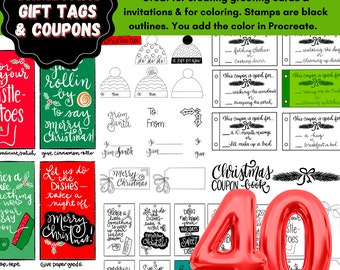 40 Christmas Gift Tags & Coupon Book Outlines Procreate Stamps Brushes Digital Art Card Making Coloring Pages