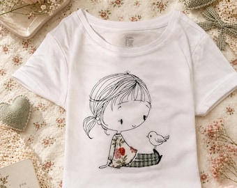 Embroidered Girl and Bird T-Shirt, Minimalist Vintage Style, Customizable Kids Tee