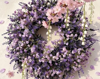 Corona de lavanda artificial, decoración floral realista para puerta en color púrpura, adorno de pared veraniego de estilo rústico.
