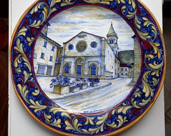 Plato de pared grande de cerámica italiana pintado a mano de 37 cm, firmado por Gualdo Tadino, Italia, decoración vintage.