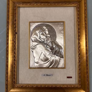 Madonna 925 Sterling, Italian Bas-Relief Sculpture | Silver With 24Kt Gold Finish | 54x43 Cm Golden Frame, Handcrafted