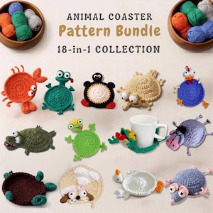 May include: An 18-in-1 collection of crochet animal coasters featuring various creatures like a crab, frog, penguin, and turtle. The text reads ANIMAL COASTER Pattern Bundle 18-in-1 COLLECTION. Two wooden bowls filled with colorful yarn balls are visible.